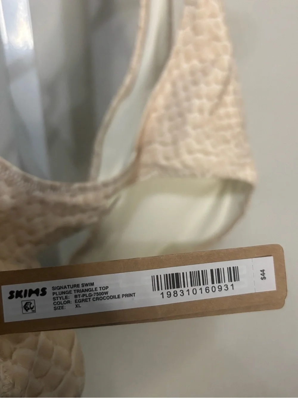 NWT SKIMS signature swim, plunge triangle. Top • egret crocodile print•XL